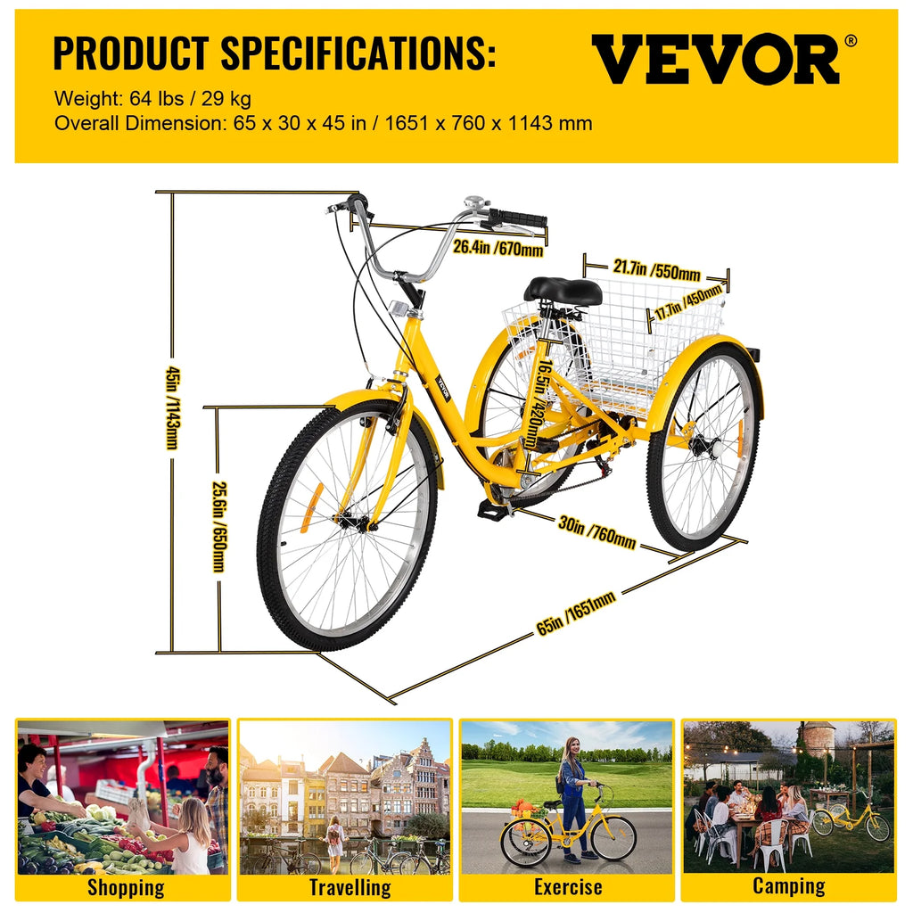 Adult Tricycle 7 Speed 26in Adjustable Trike with Bell, Brake System Basket T95188