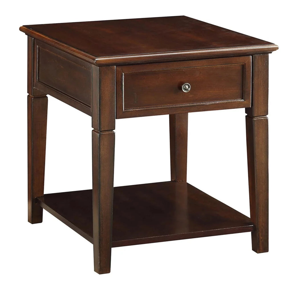 Walnut Brown Wooden End Table with One Drawer and One Shelf A579