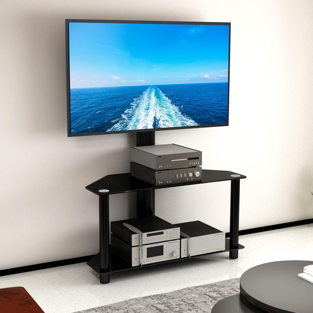 Swivel Floor TV Stand with Tempered Glass Shelf, Black E547