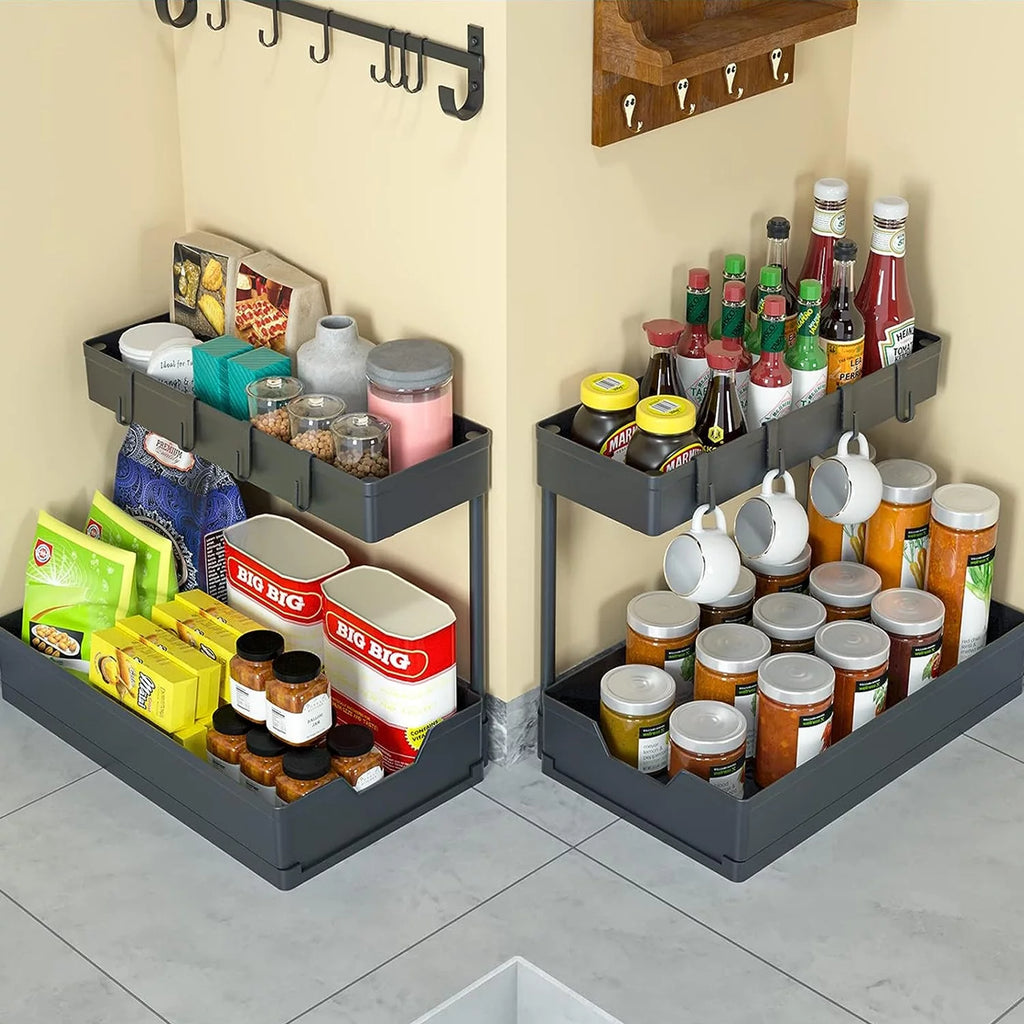 2 Tier L-Shape Under Sink Organizer with Hooks R915
