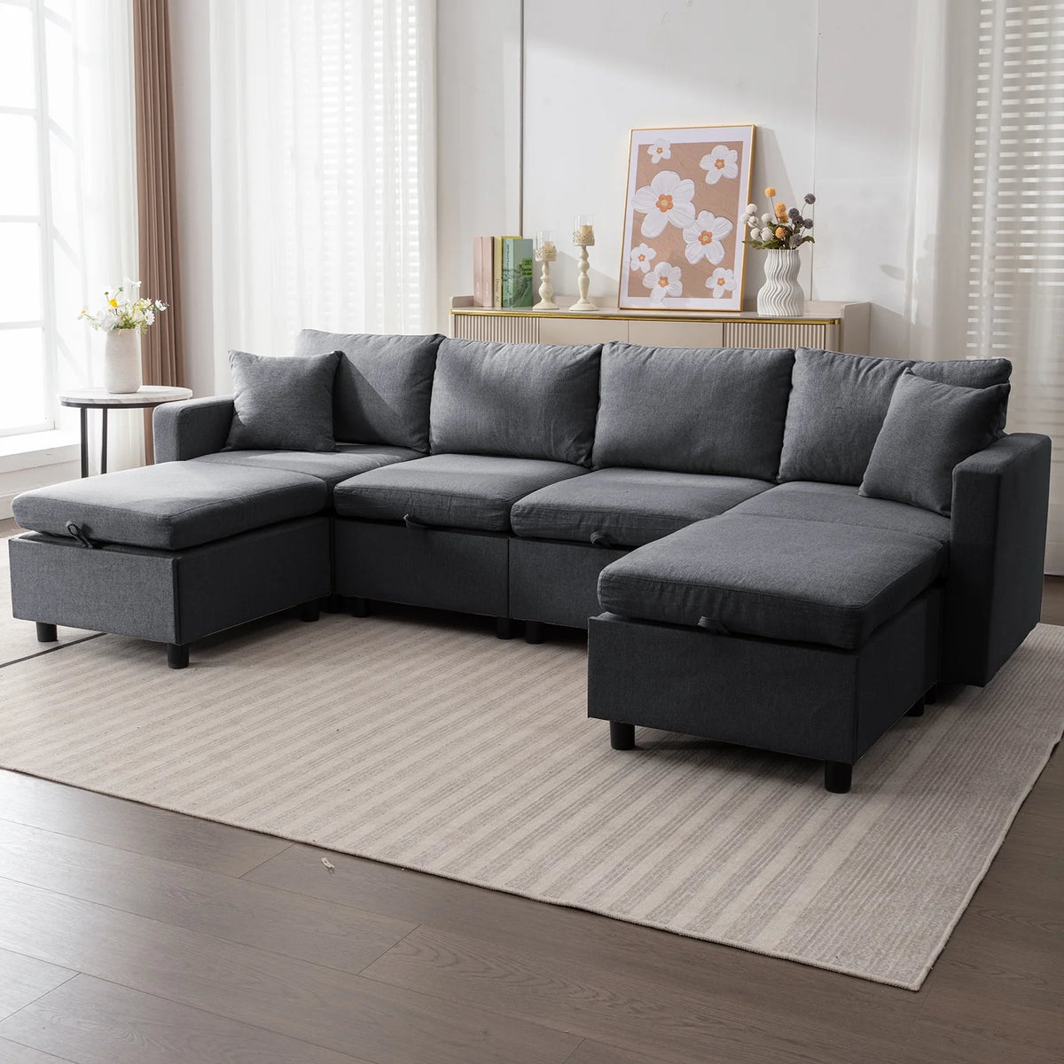 Dark Gray 6-Seater Modular Sectional Sofa with Storage Ottoman Q840369