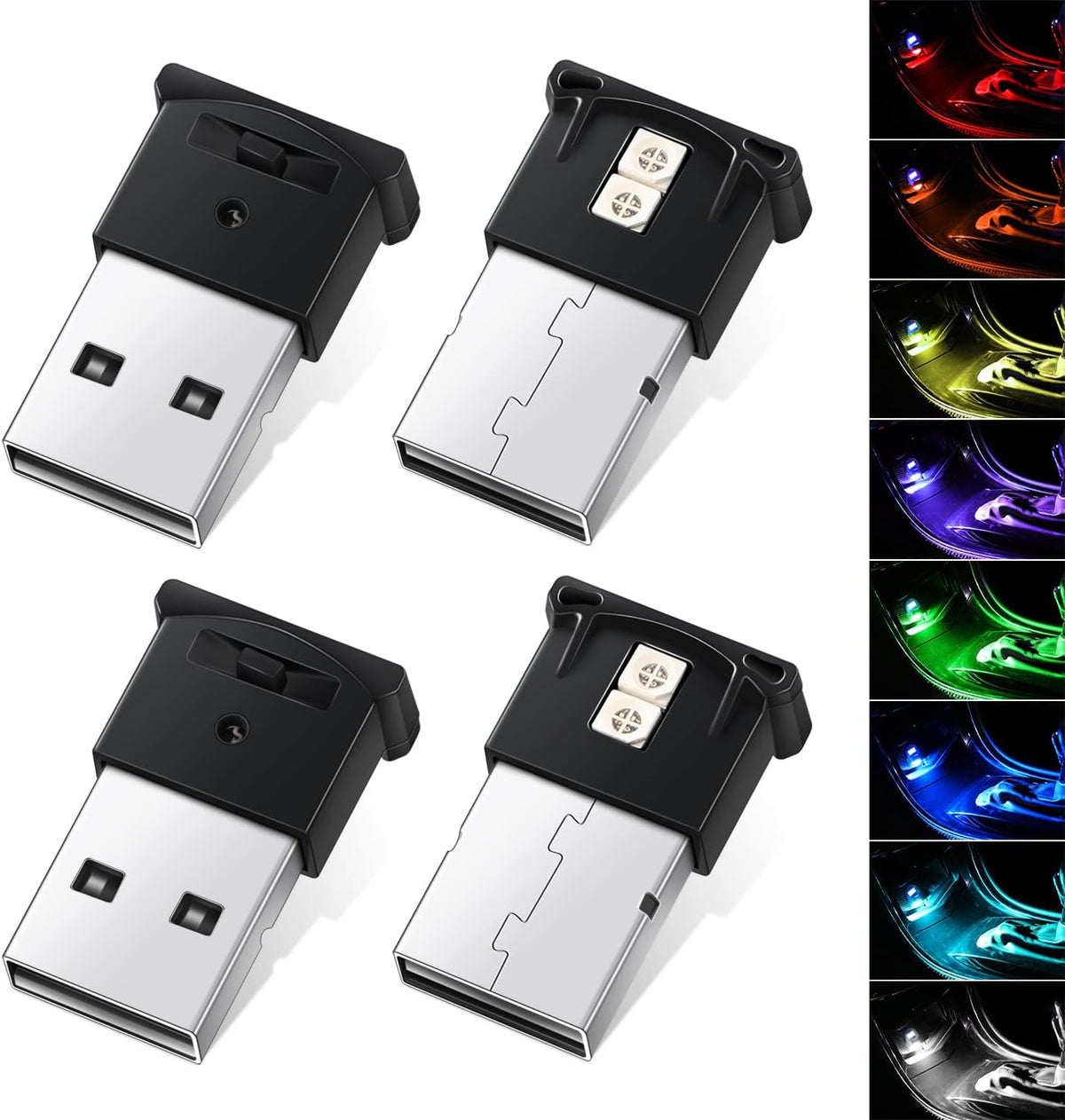 4 Pcs Mini USB LED Light, 8 Colors RGB Car LED Interior Lighting DC 5V Smart USB LED Atmosphere Light M43403