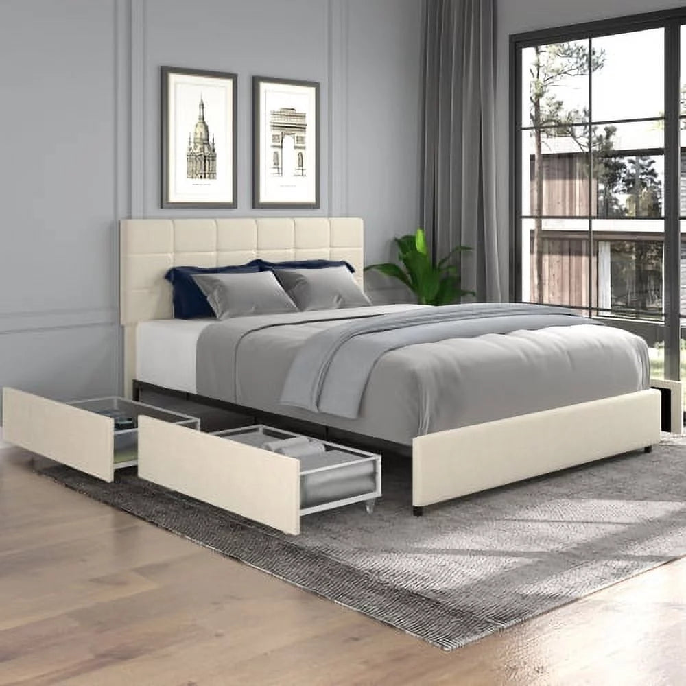 Queen Size Ivory Velvet Upholstered Platform Bed with 4 Drawers Storage G87348