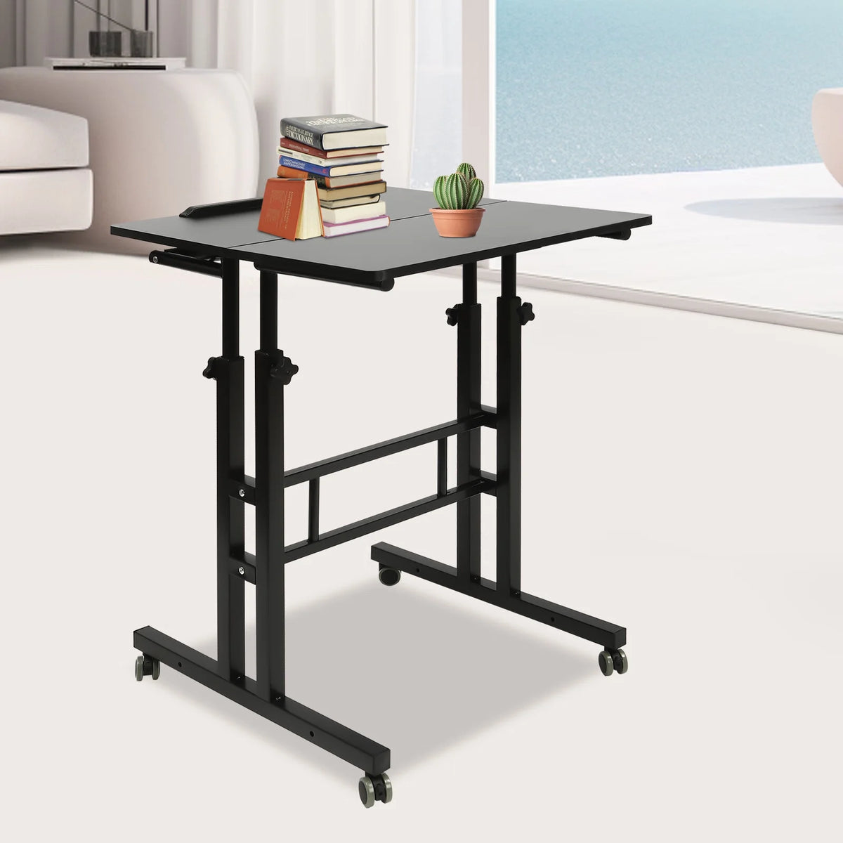 24" Mobile Stand Up Desk Adjustable Height Small Storage Desk with Wheels Black P4669