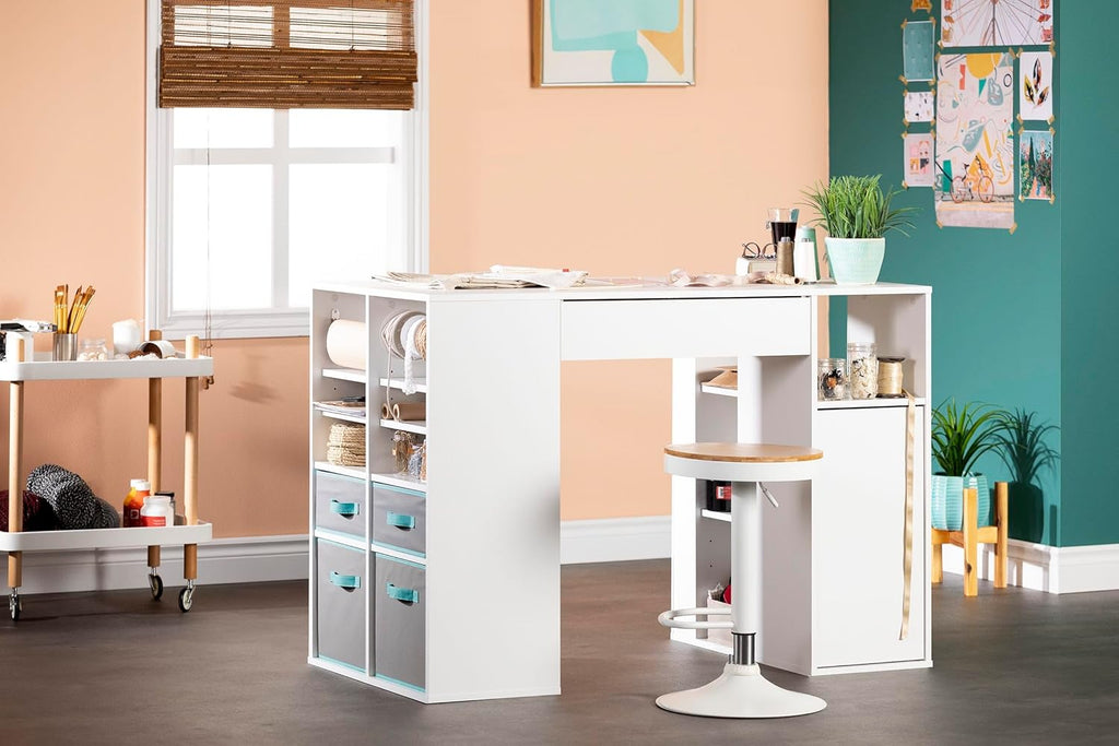 Pure White Counter-Height Craft Table with 4 baskets Q293