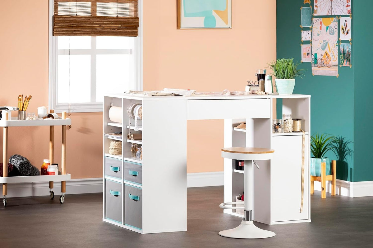 Pure White Counter-Height Craft Table with 4 baskets Q293