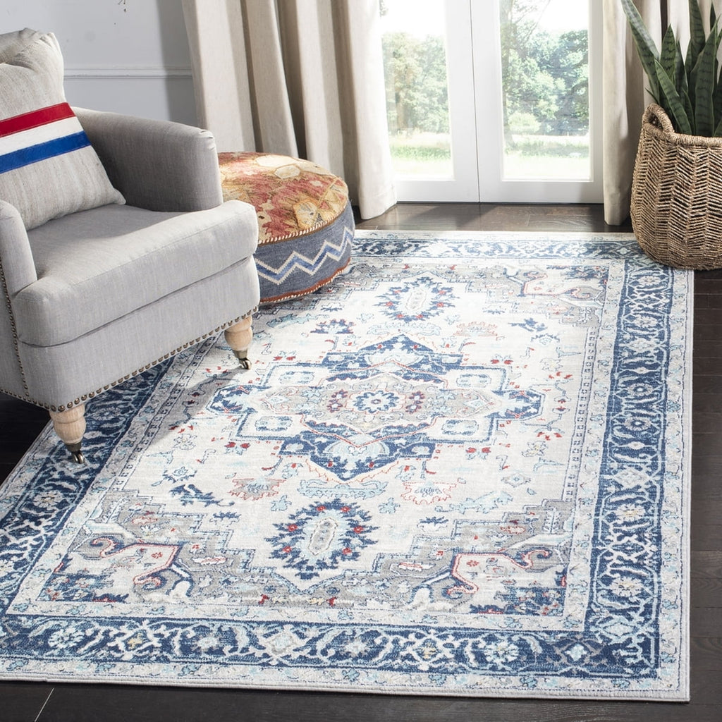 Light Grey Blue Floral Bordered Area Rug K509739
