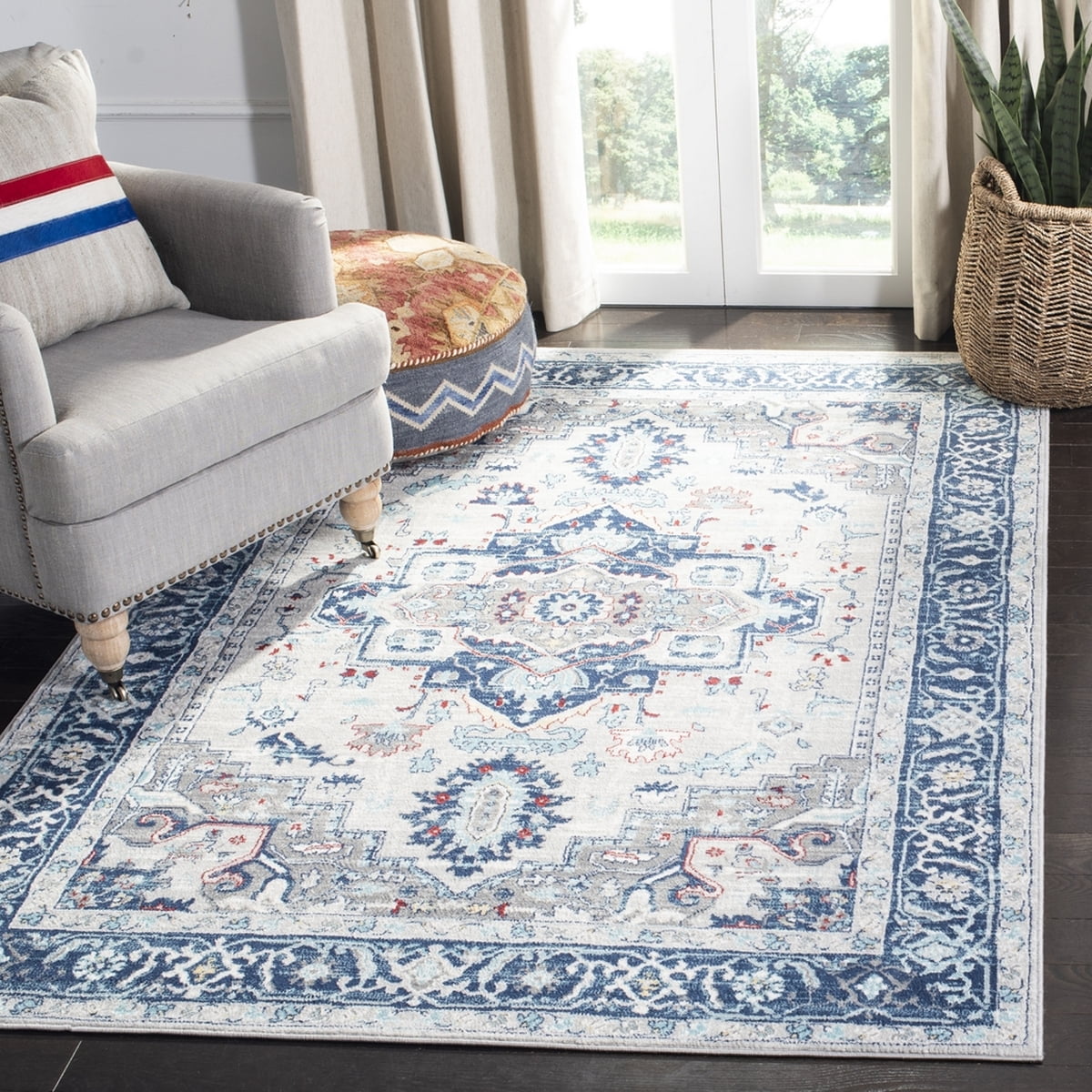 Light Grey Blue Floral Bordered Area Rug K509739