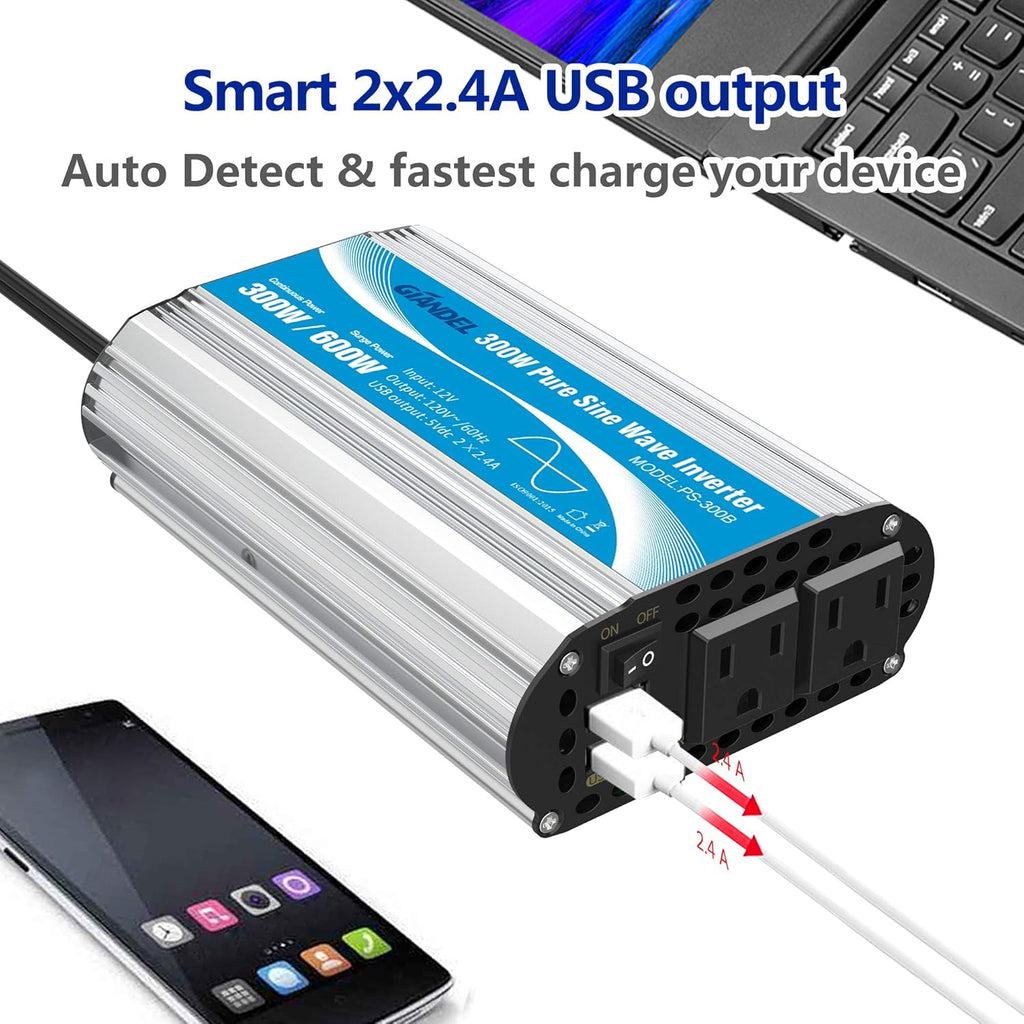 600W 12V DC to 110V 120V Pure Sine Wave Power Inverter with Remote Control Dual AC Outlets USB Port U50361
