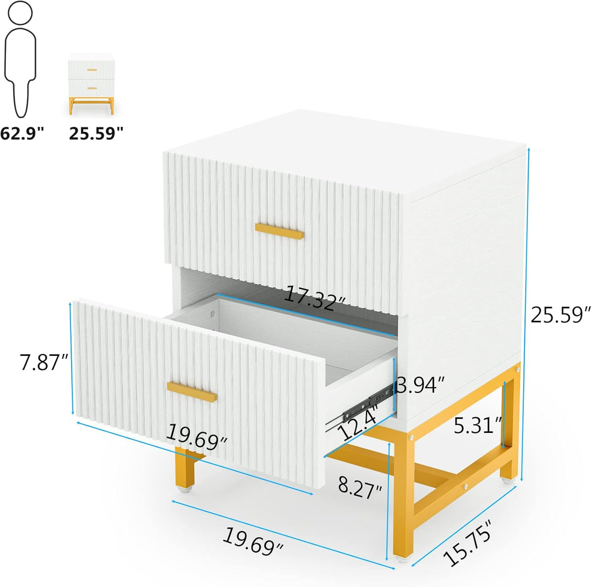 White 2-Drawer Nightstand with Storage Cabinet Metal Frame D266545