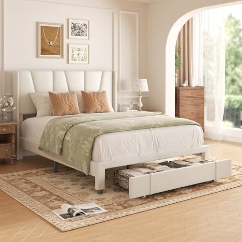Beige Queen Upholstered Platform Bed Frame with Storage Drawers C5263
