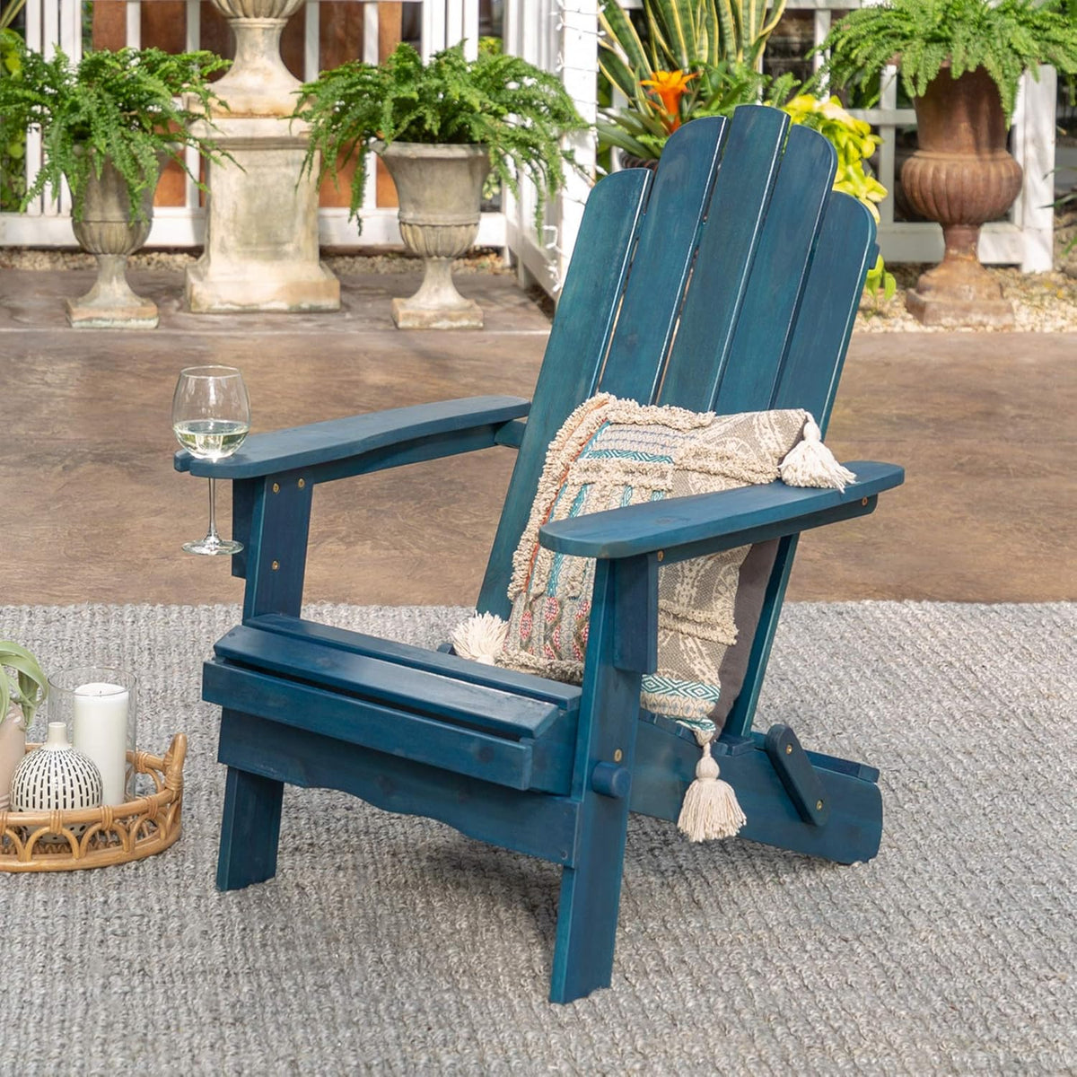 Navy Blue Wash Solid Acacia Wood Outdoor Folding Adirondack Chair U6694
