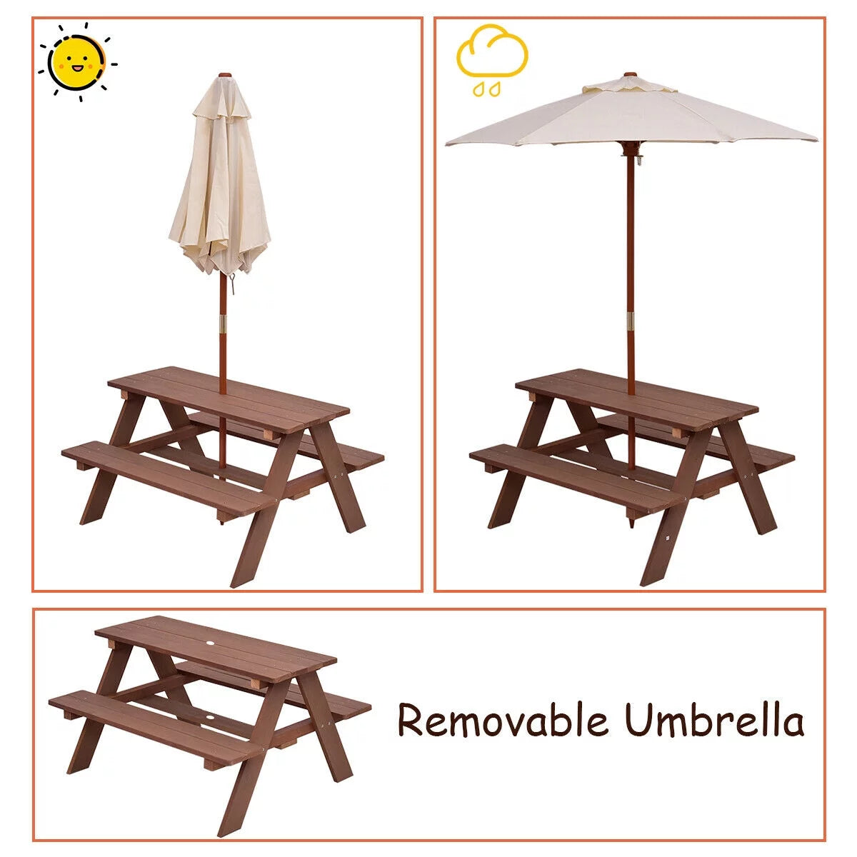 Children Outdoor 4 Seat Kids Picnic Table Bench with Folding Umbrella T968