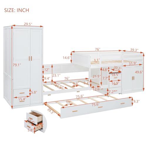 White Twin Over Twin Wood Bunk Bed with Trundle V8453