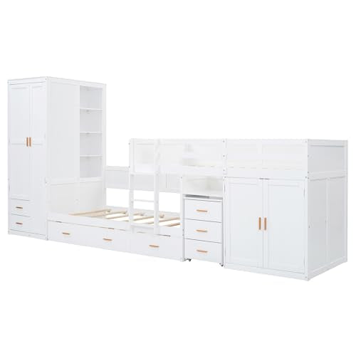 White Twin Over Twin Wood Bunk Bed with Trundle V8453