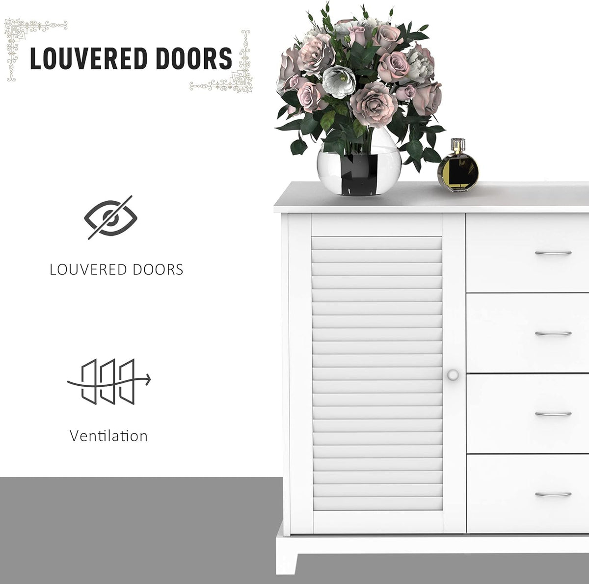 White Storage Cabinet with Drawers and Louvered Doors M698695