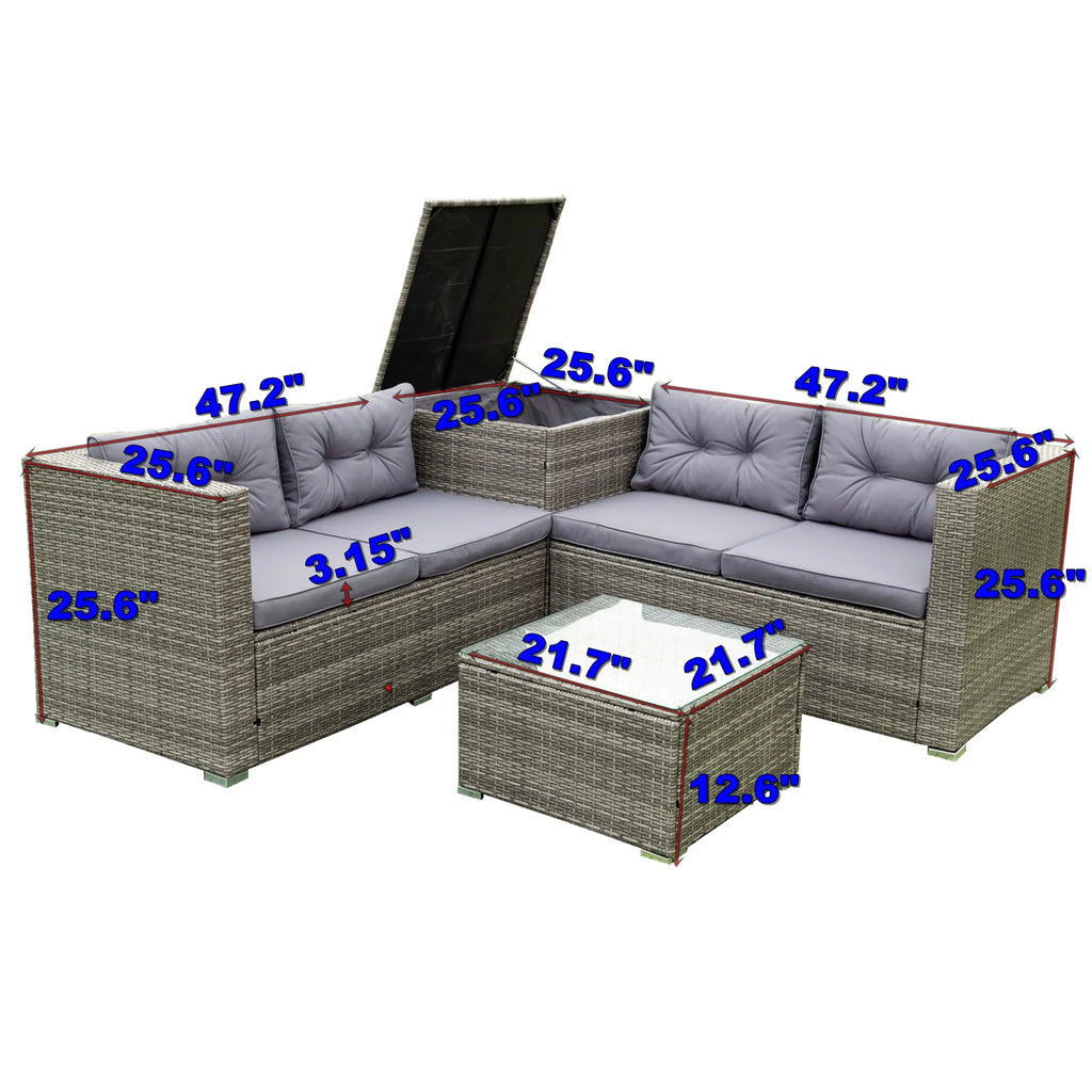 Grey 4 Piece Patio Sectional Sofa Set with Storage Box D2368