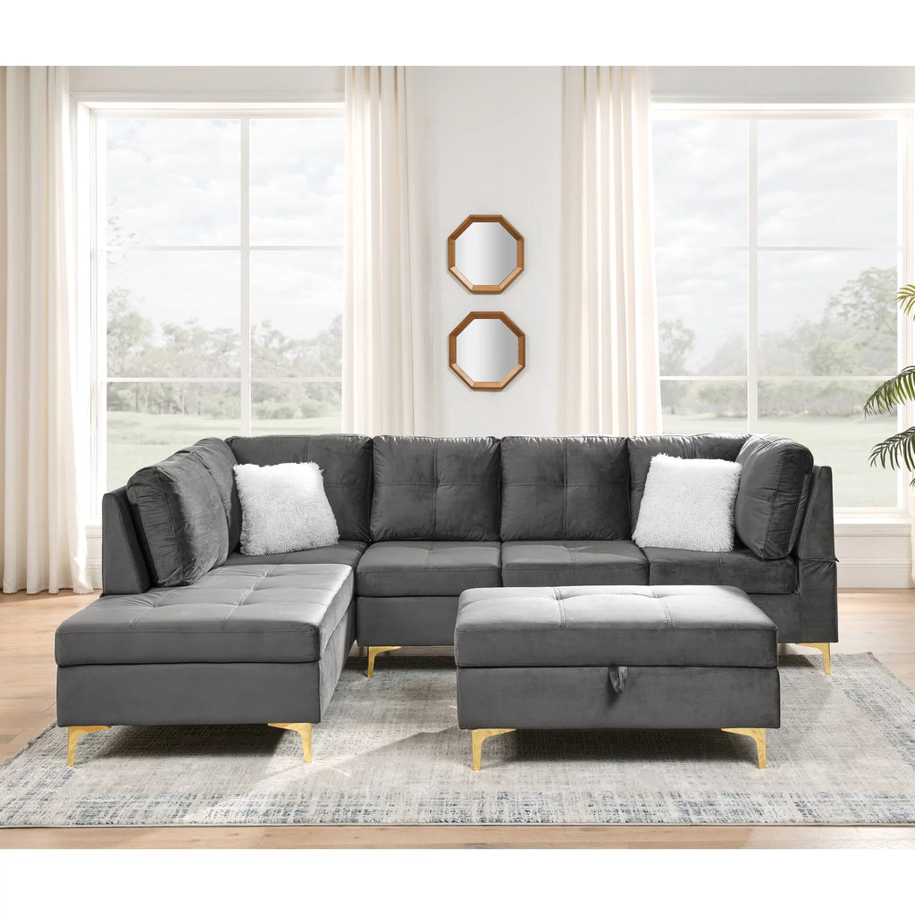 Velvet L Shape Sectional Sofa with Storage Ottoman O448