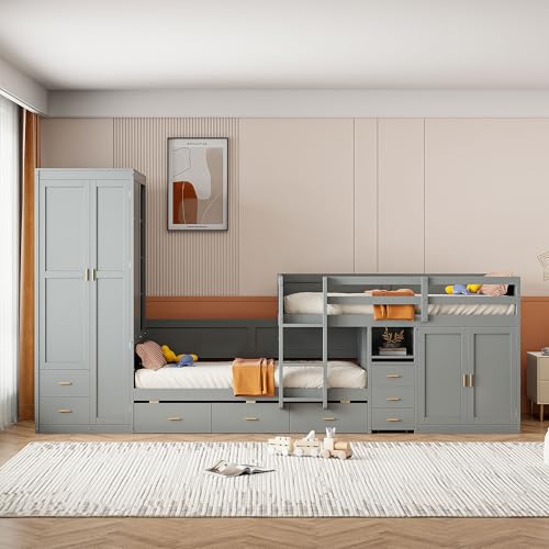White Twin Over Twin Wood Bunk Bed with Trundle V8453