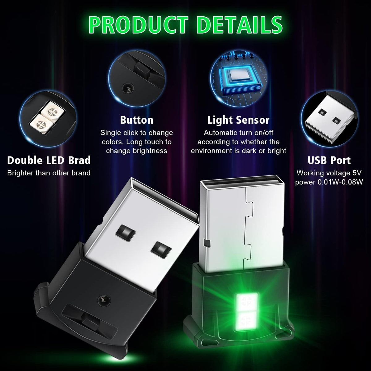 4 Pcs Mini USB LED Light, 8 Colors RGB Car LED Interior Lighting DC 5V Smart USB LED Atmosphere Light M43403