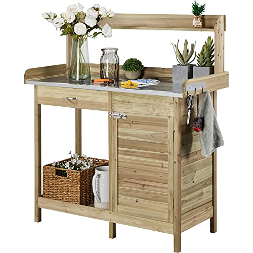 Outdoor Potting Bench Table with Cabinet Drawer Open Shelf B170524