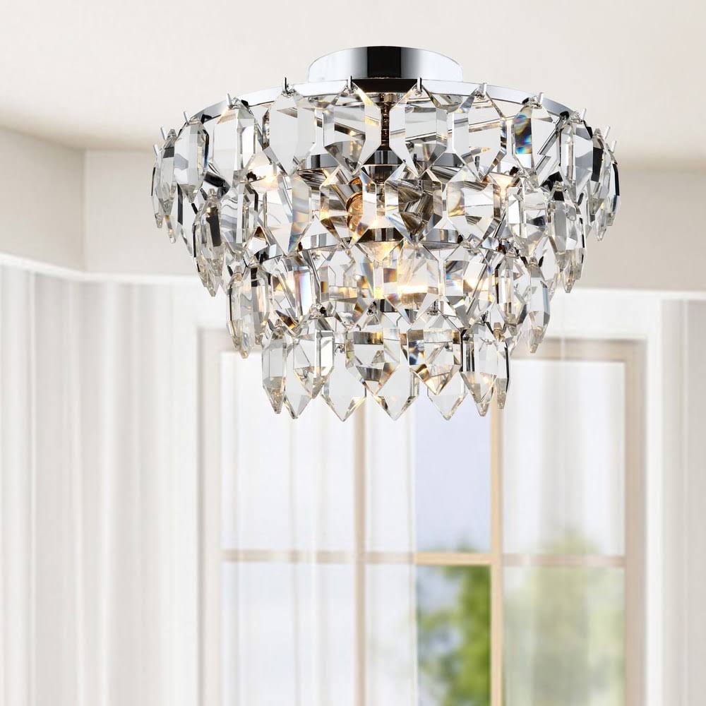 4-Light Chrome Flush Mount with Clear Crystal Drops Y1131