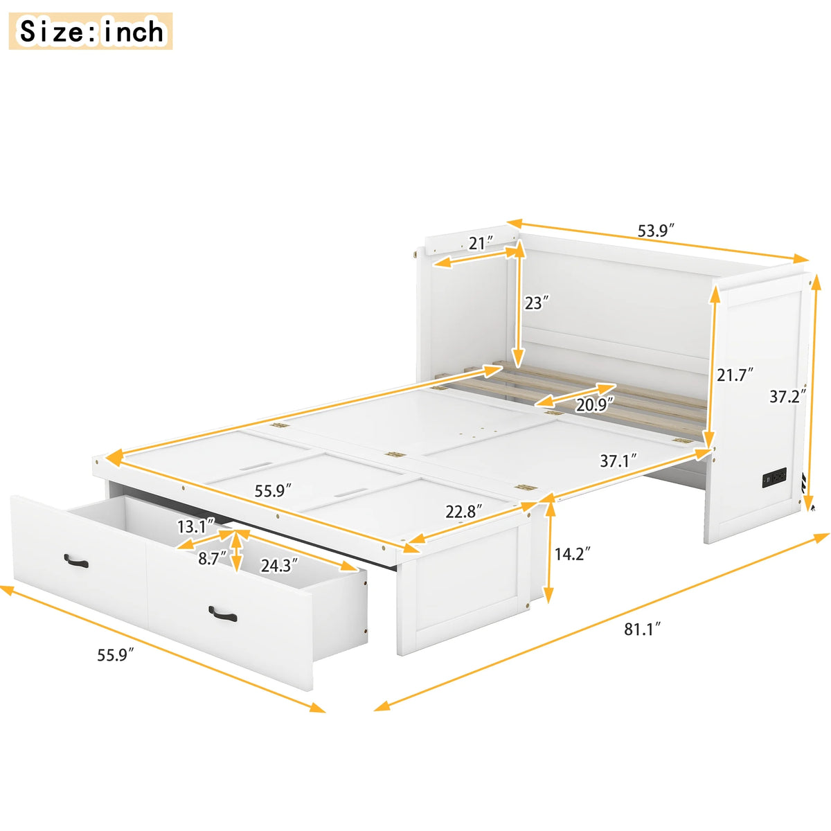 Full Size White Murphy Bed with USB Port and 2 Storage Drawers L4287