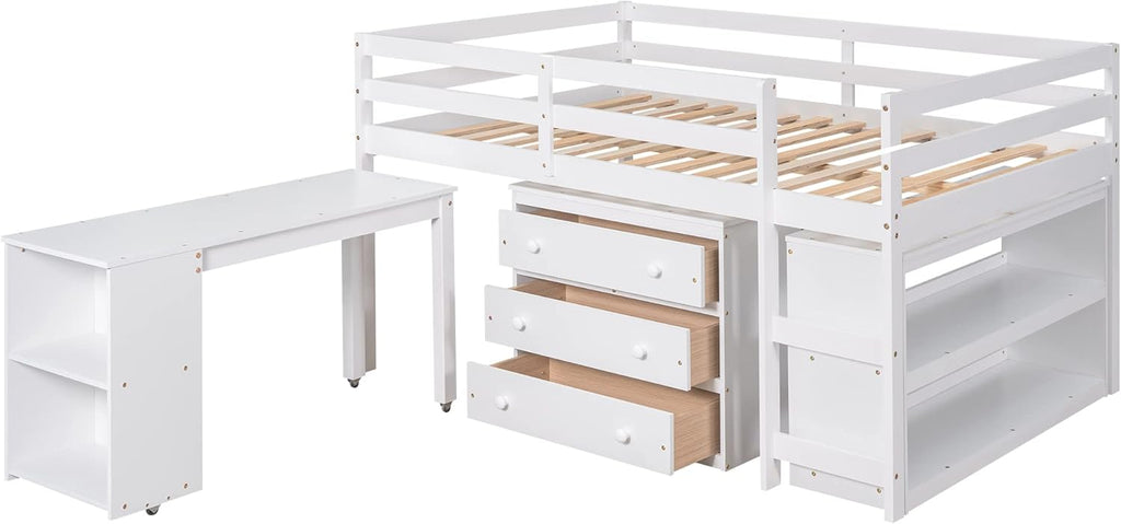 White Full Size Wood Loft Bed with Desk P386