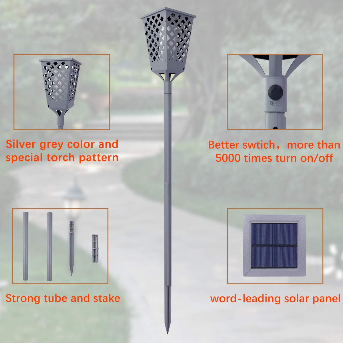 Solar Torch Lights with Flickering Flame, 96 LED Waterproof Grey B110