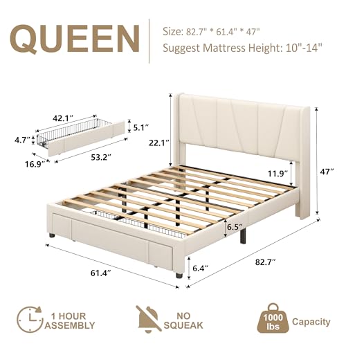 Beige Queen Upholstered Platform Bed Frame with Storage Drawers C5263