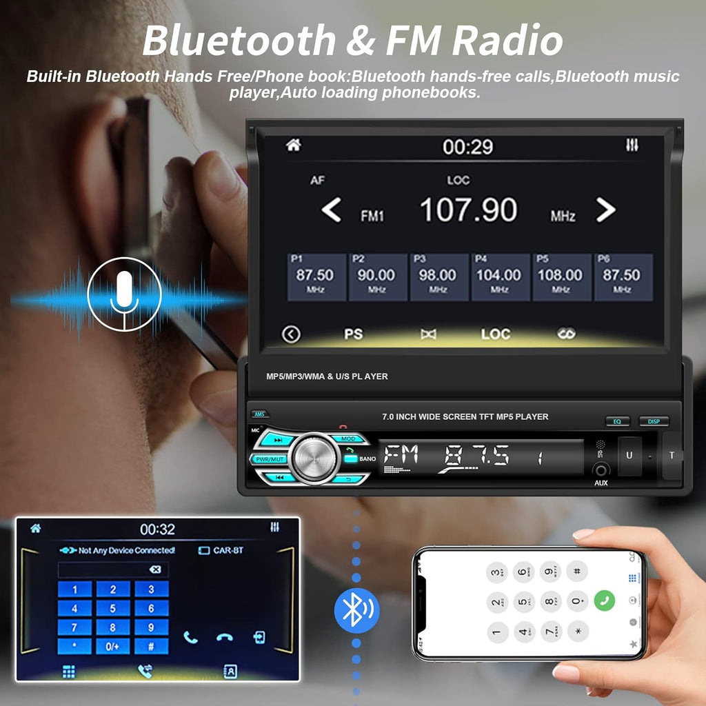 Single Din Car Stereo with Carplay Android Auto 7 Inch Touch Screen F33366