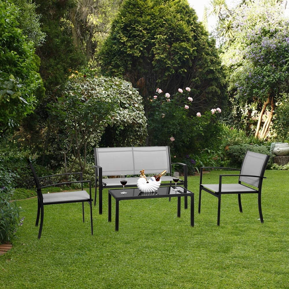 4 Pieces Patio Conversation Set with Loveseat and Coffee Table (Grey) D714