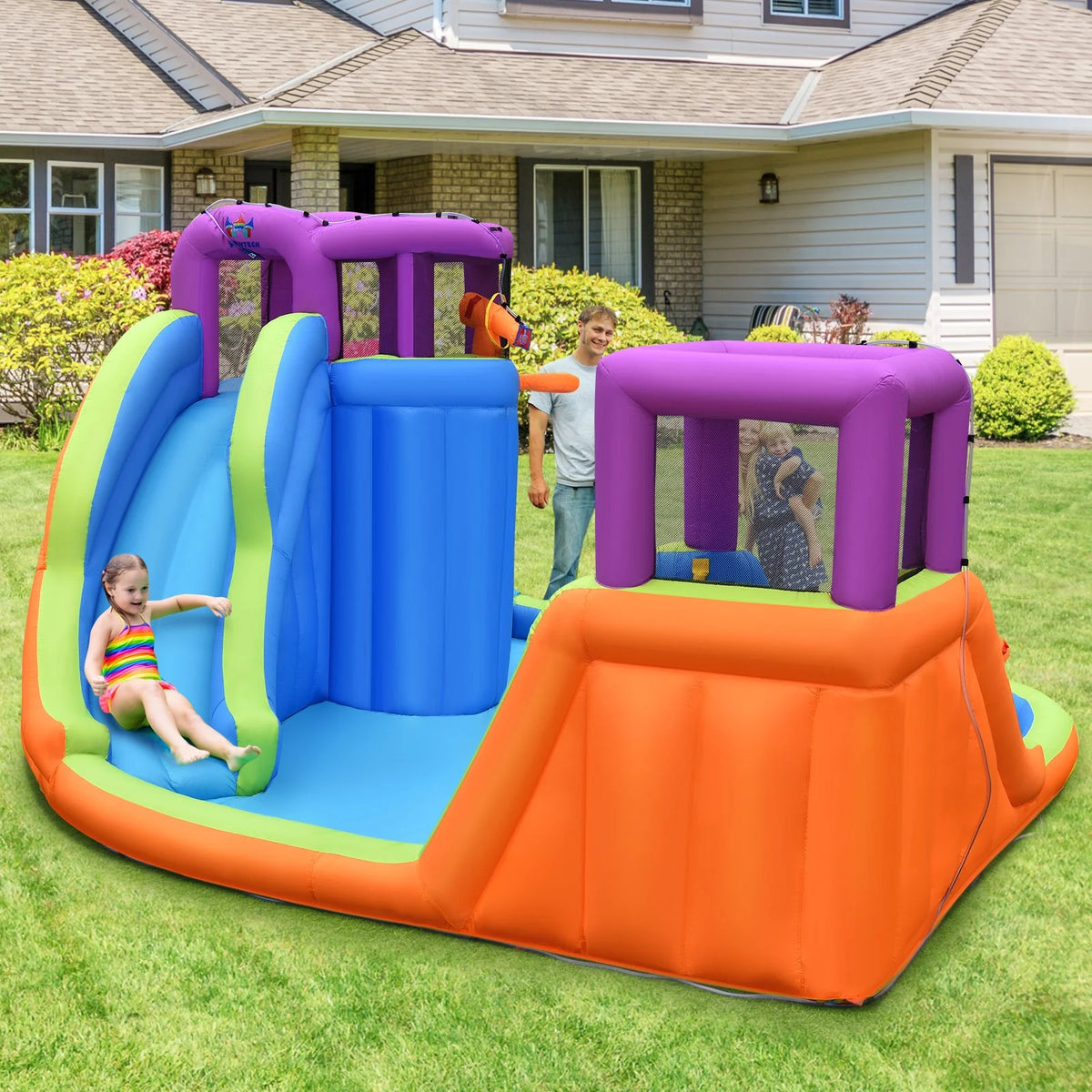 6 in 1 Inflatable Dual Slide Water Park Climbing Bouncer with 950W Blower X382
