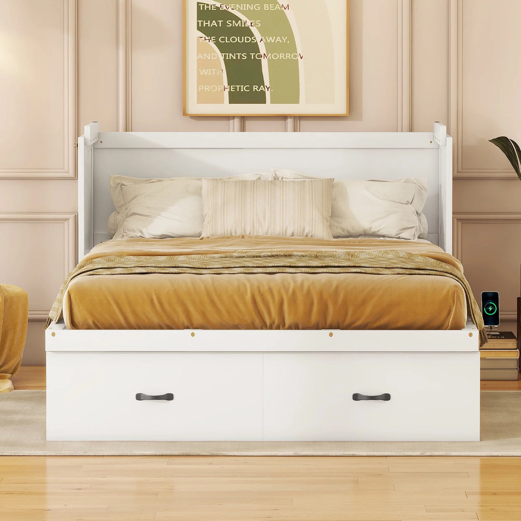 Full Size White Murphy Bed with USB Port and 2 Storage Drawers L4287