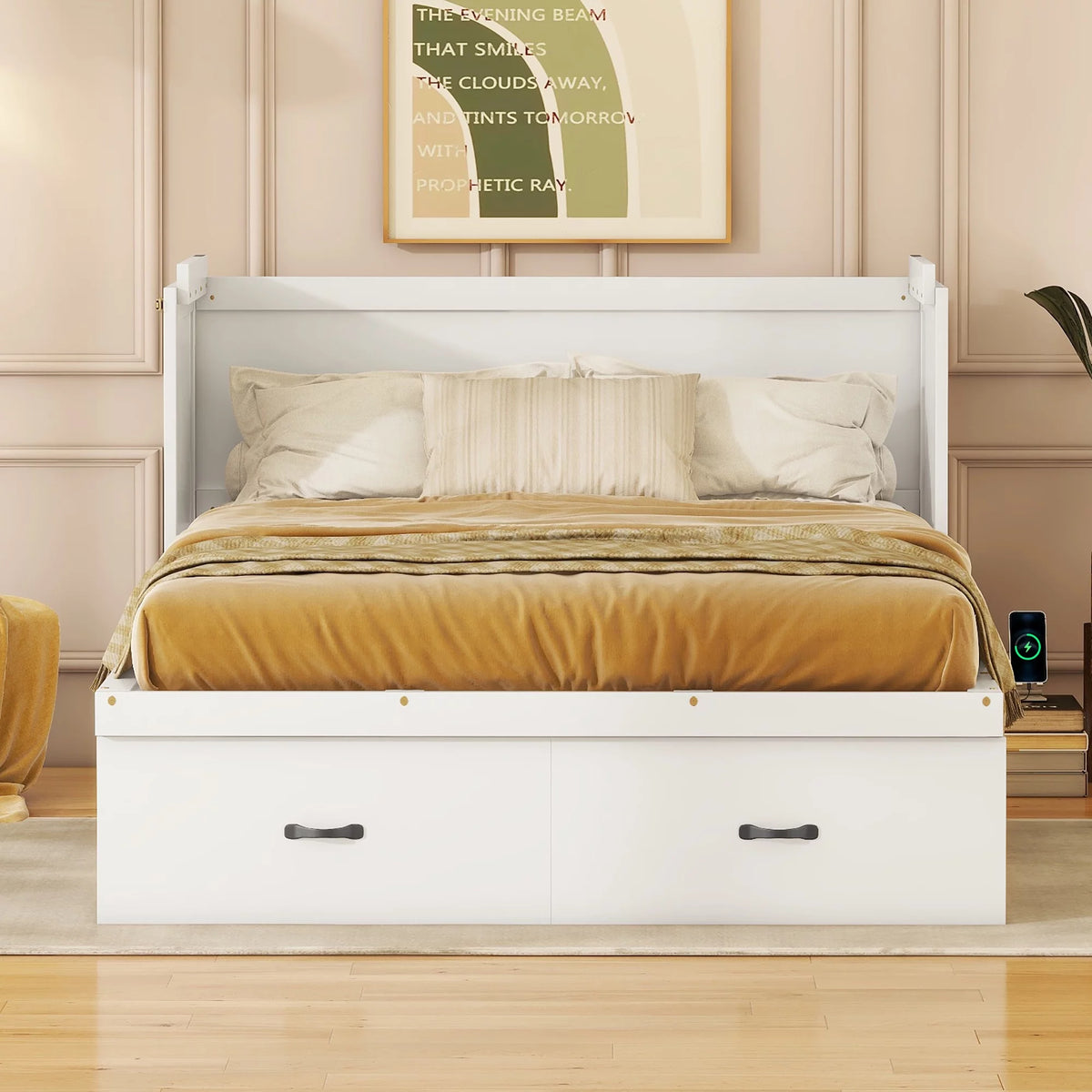 Full Size White Murphy Bed with USB Port and 2 Storage Drawers L4287
