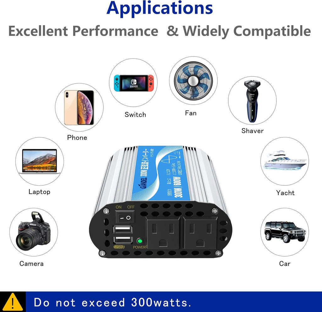 600W 12V DC to 110V 120V Pure Sine Wave Power Inverter with Remote Control Dual AC Outlets USB Port U50361
