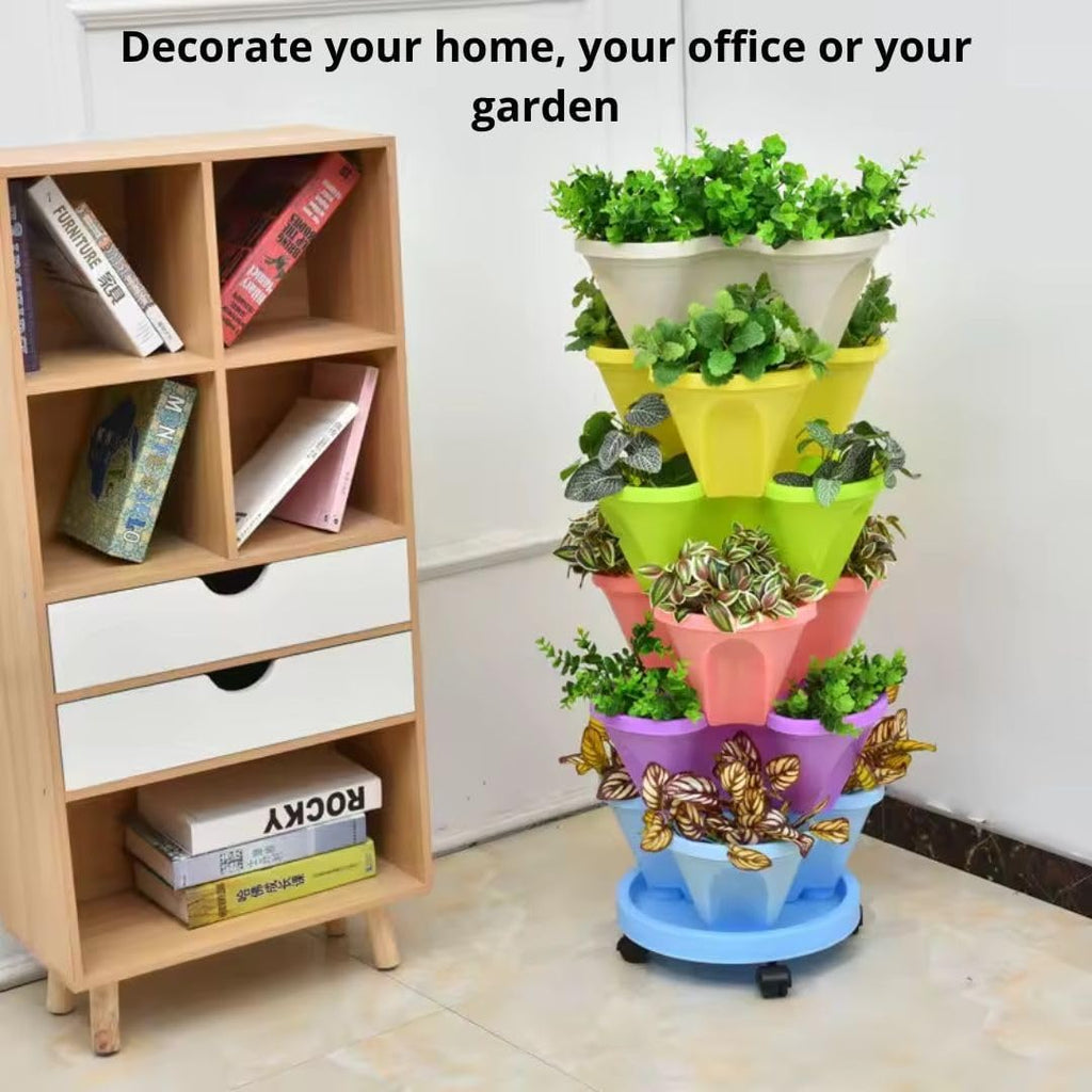 Vertical Garden Stackable Planter 3 Pots with Wheels and Plant Labels O6344