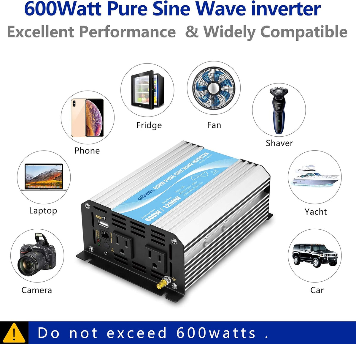 600W 12V DC to 110V 120V Pure Sine Wave Power Inverter with Remote Control Dual AC Outlets USB Port U50361