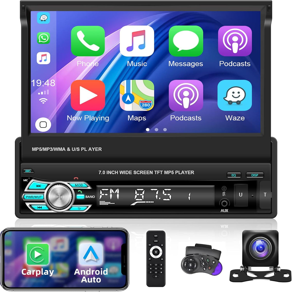 Single Din Car Stereo with Carplay Android Auto 7 Inch Touch Screen F33366