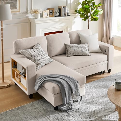Beige L-Shaped Sleeper Sectional Couch with Storage Chaise N959597