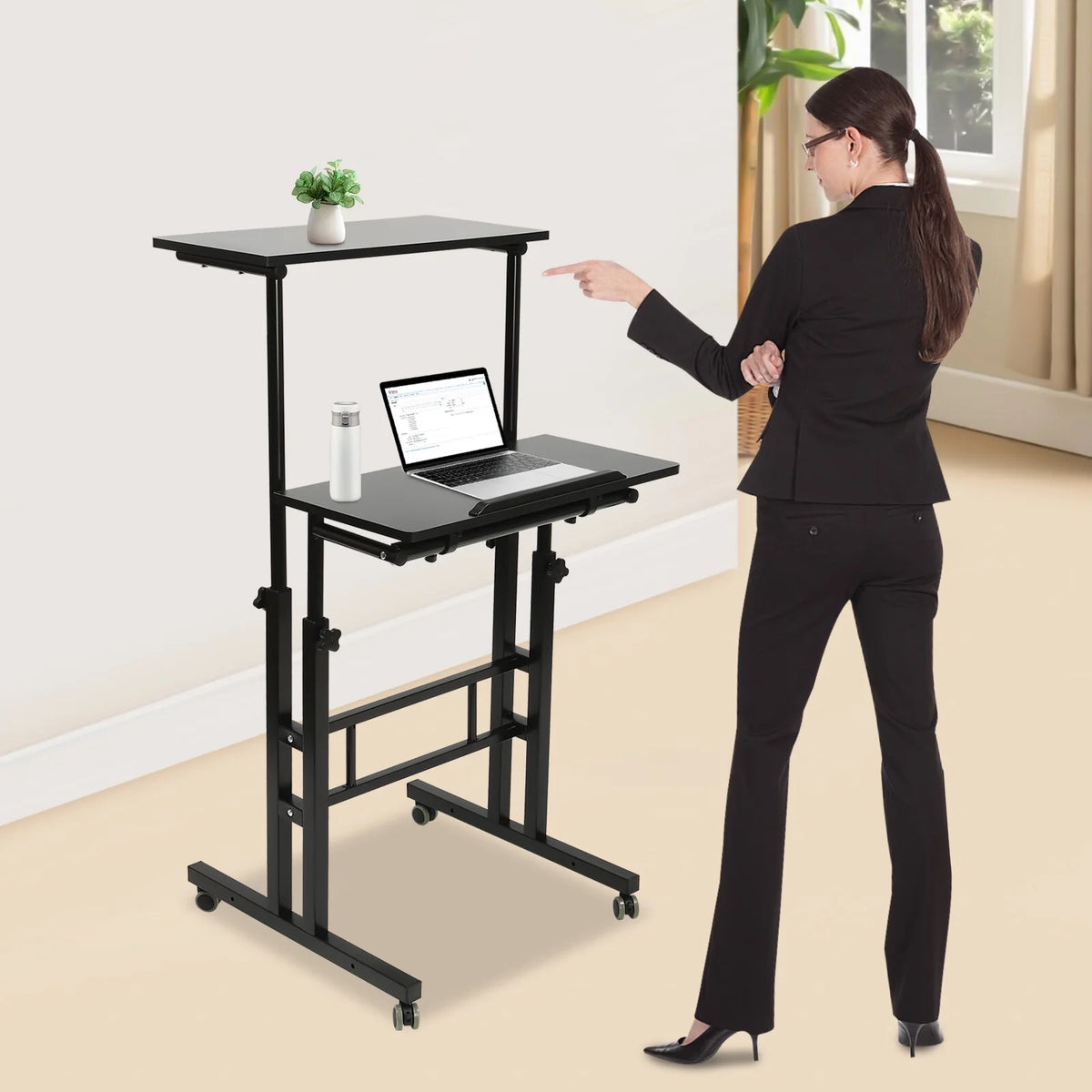 24" Mobile Stand Up Desk Adjustable Height Small Storage Desk with Wheels Black P4669