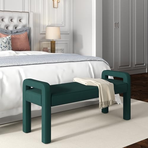Beige Teddy Velvet Armrest Bench with Dark Brown Wooden Legs R1780