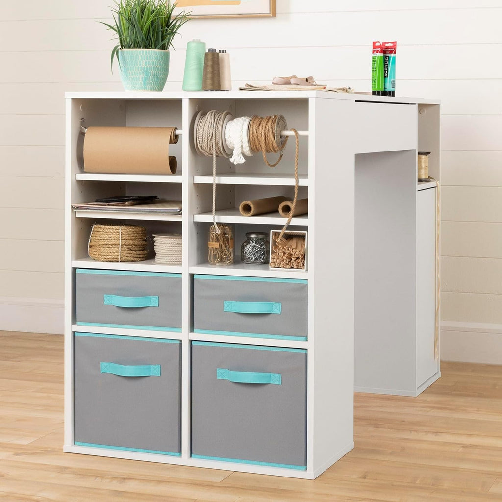 Pure White Counter-Height Craft Table with 4 baskets Q293