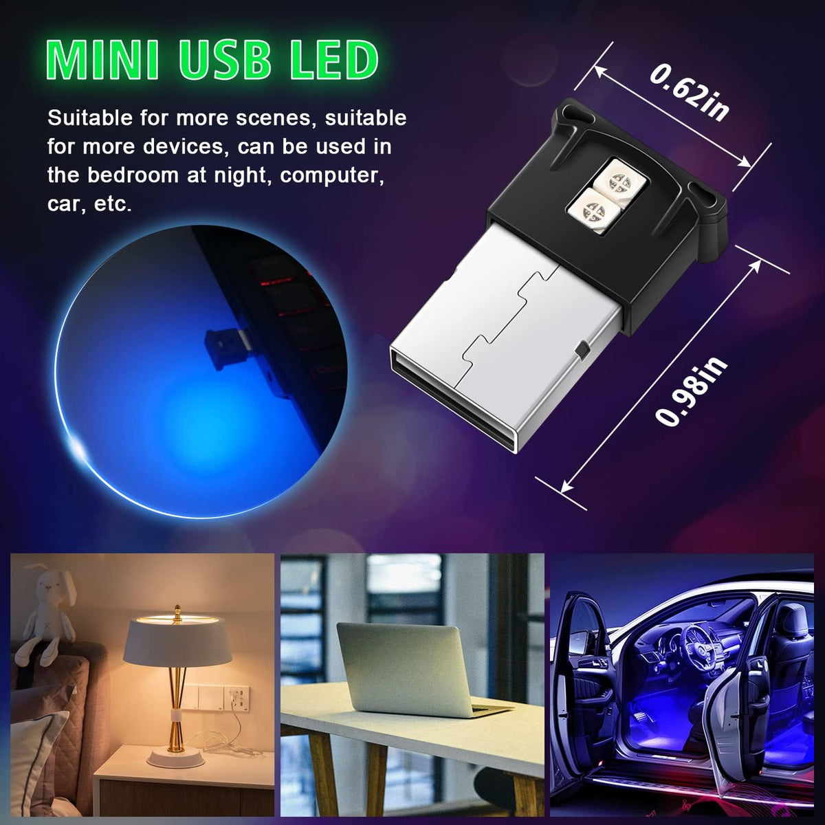 4 Pcs Mini USB LED Light, 8 Colors RGB Car LED Interior Lighting DC 5V Smart USB LED Atmosphere Light M43403