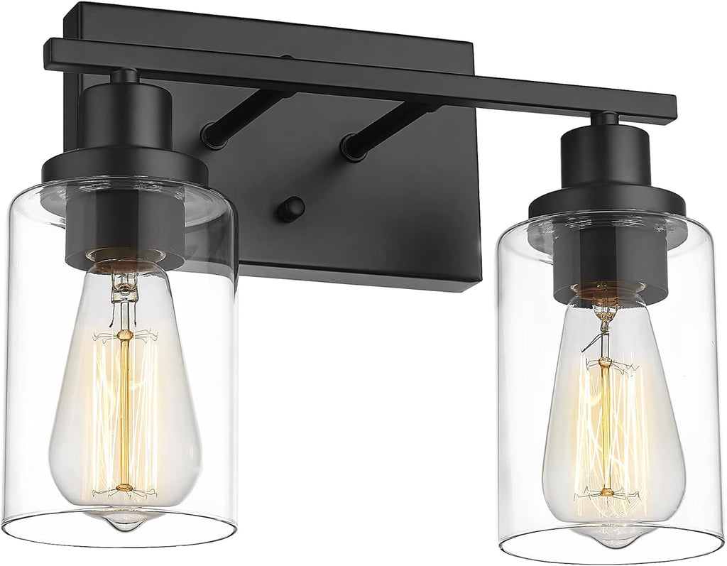 2-Light Matte Black Vanity Light with Clear Glass Lampshade L263023