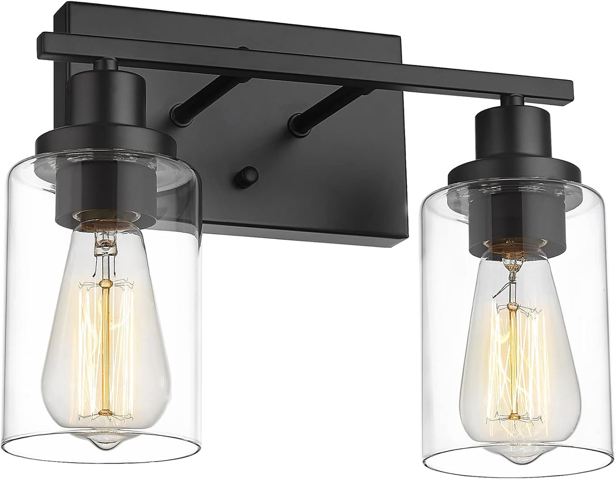2-Light Matte Black Vanity Light with Clear Glass Lampshade L263023
