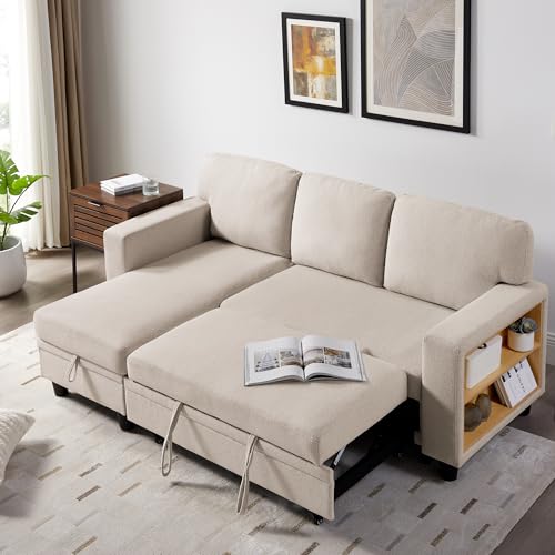 Beige L-Shaped Sleeper Sectional Couch with Storage Chaise N959597