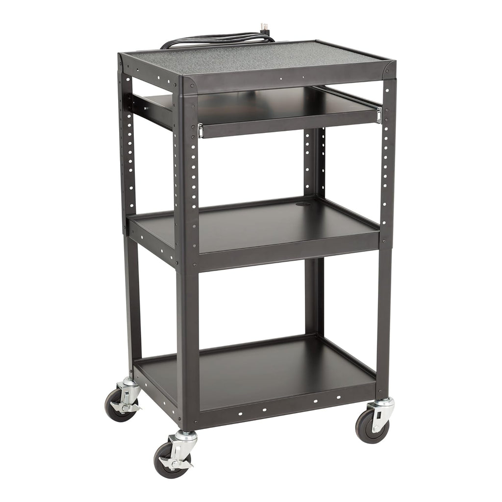 Adjustable Height Metal AV Cart with Electric Power Cord, Black D5463