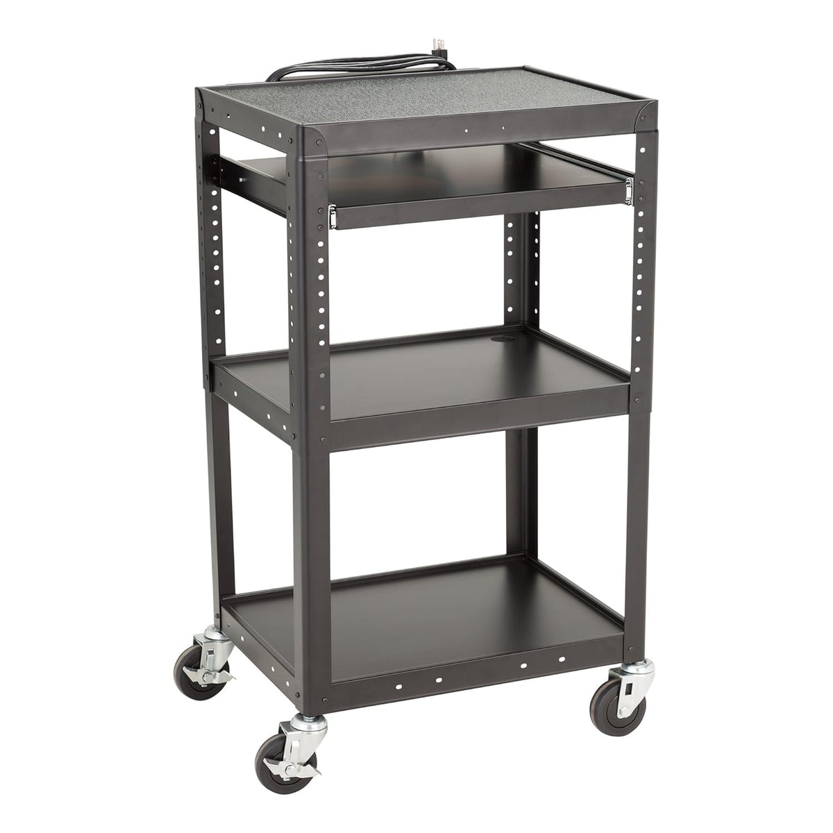 Adjustable Height Metal AV Cart with Electric Power Cord, Black D5463