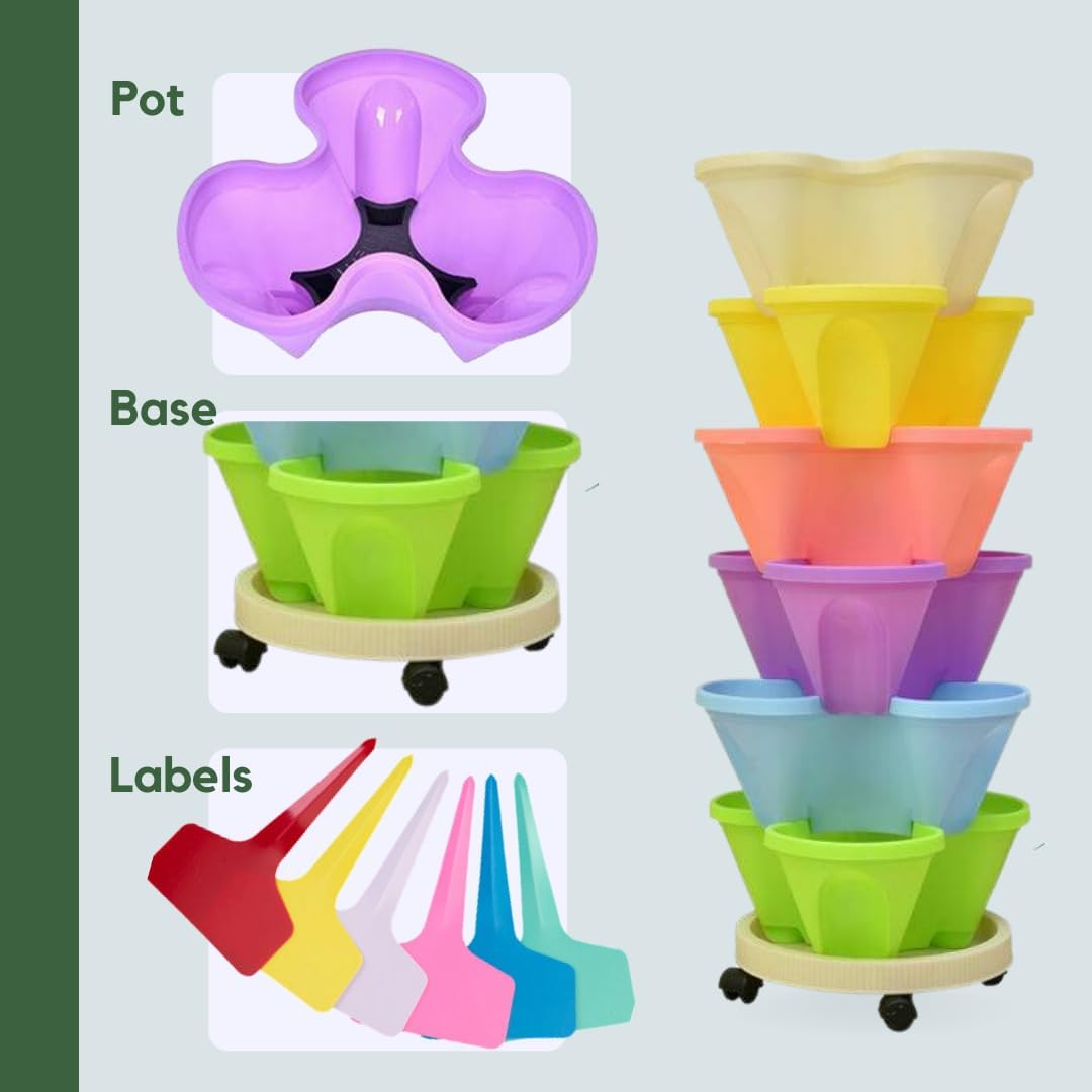 Vertical Garden Stackable Planter 3 Pots with Wheels and Plant Labels O6344